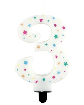 Haza Kaarsje cijfer 3 gekleurde sterren 8,5cm
