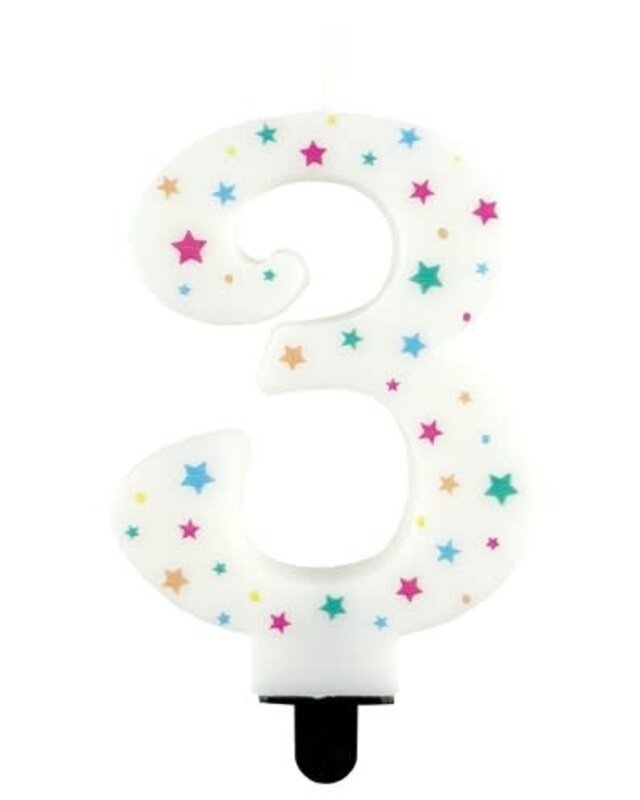 Haza Kaarsje cijfer 3 gekleurde sterren 8,5cm