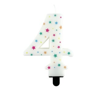 Haza Kaarsje cijfer 4 gekleurde sterren 8,5cm