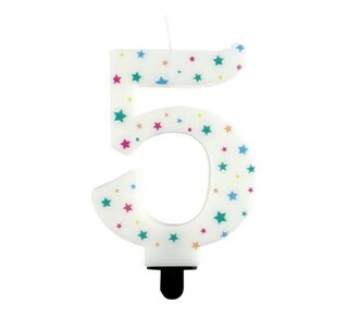 Haza Kaarsje cijfer 5 gekleurde sterren 8,5cm