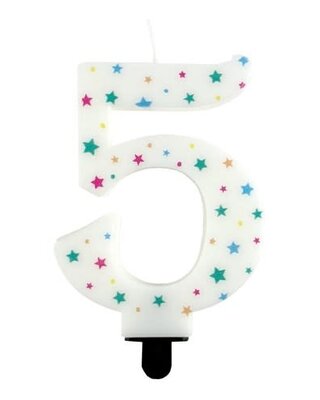 Haza Kaarsje cijfer 5 gekleurde sterren 8,5cm