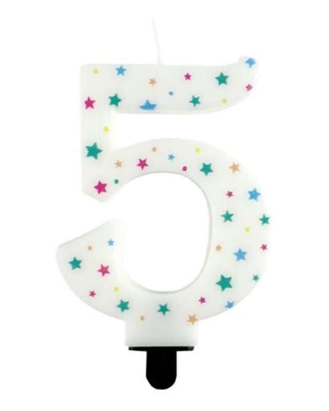 Haza Kaarsje cijfer 5 gekleurde sterren 8,5cm