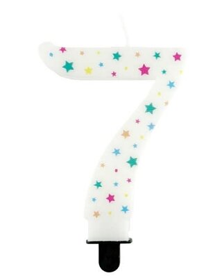 Haza Kaarsje cijfer 7 gekleurde sterren 8,5cm