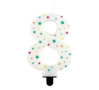 Haza Kaarsje cijfer 8 gekleurde sterren 8,5cm