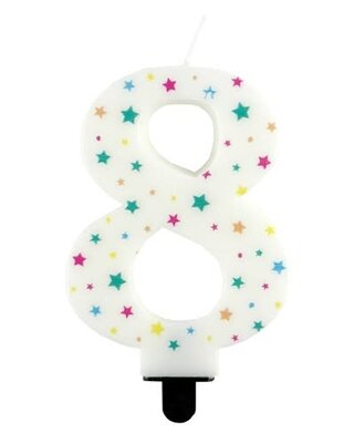 Haza Kaarsje cijfer 8 gekleurde sterren 8,5cm
