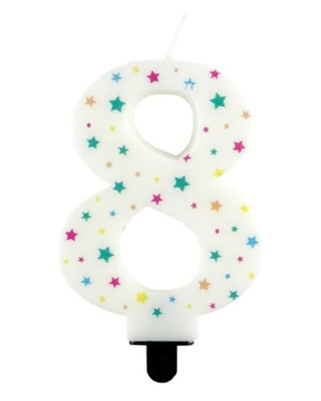 Haza Kaarsje cijfer 8 gekleurde sterren 8,5cm