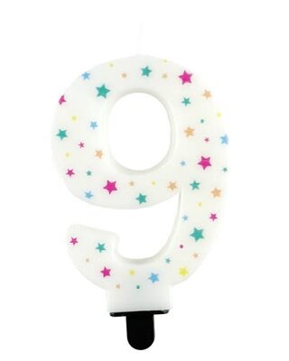 Haza Kaarsje cijfer 9 gekleurde sterren 8,5cm