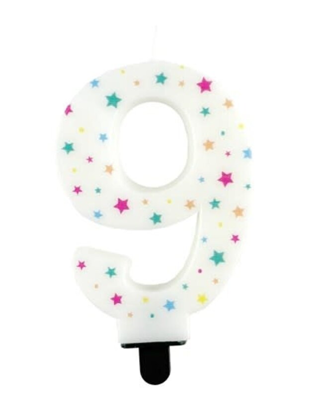 Haza Kaarsje cijfer 9 gekleurde sterren 8,5cm
