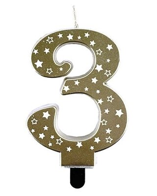 Haza Kaars cijfer 3 goud sterren 8,5cm
