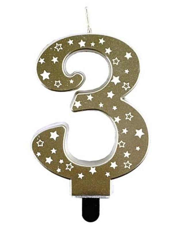 Haza Kaars cijfer 3 goud sterren 8,5cm