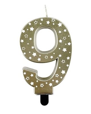 Haza Kaars cijfer 9 goud sterren 8,5cm