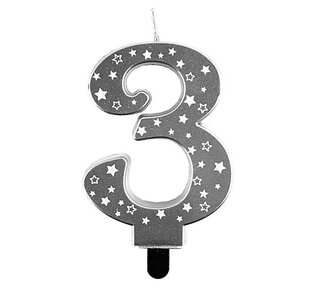 Haza Kaars cijfer 3 zilver sterren 8,5cm