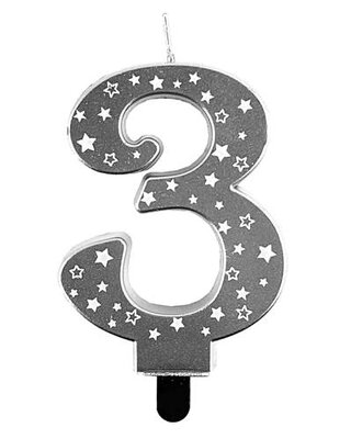 Haza Kaars cijfer 3 zilver sterren 8,5cm