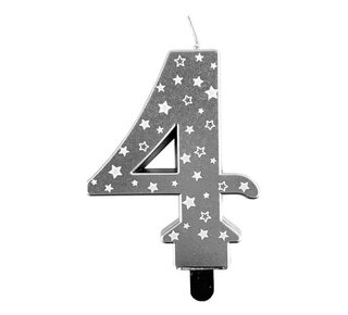 Haza Kaars cijfer 4 zilver sterren 8,5cm