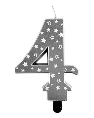 Haza Kaars cijfer 4 zilver sterren 8,5cm