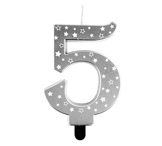 Haza Kaars cijfer 5 zilver sterren 8,5cm