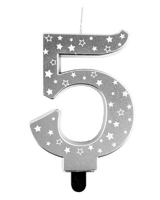 Haza Kaars cijfer 5 zilver sterren 8,5cm