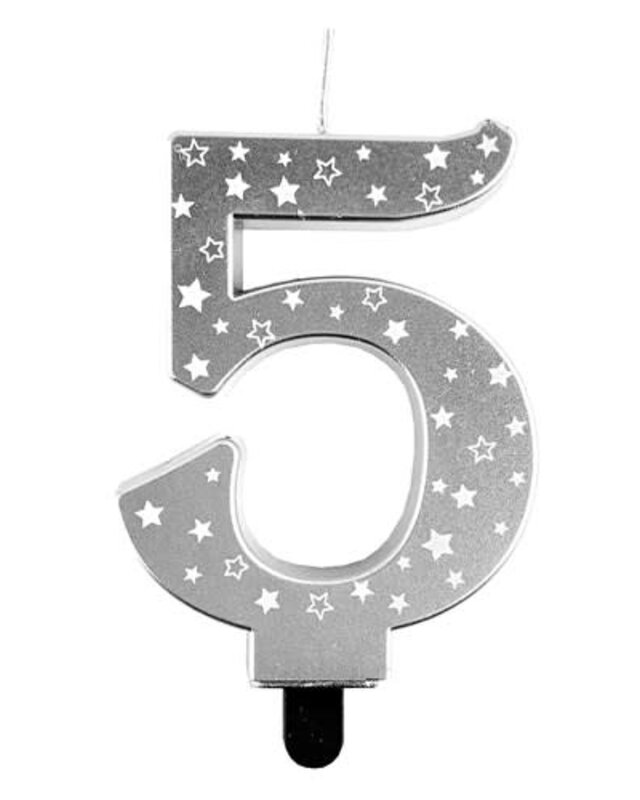Haza Kaars cijfer 5 zilver sterren 8,5cm