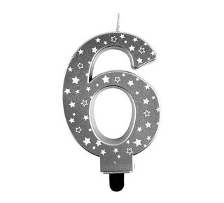 Haza Kaars cijfer 6 zilver sterren 8,5cm