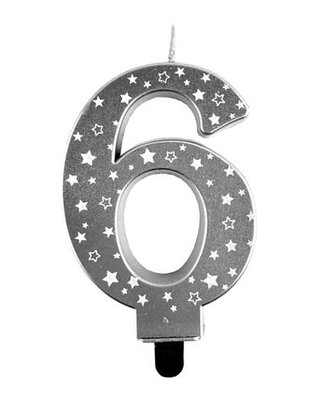 Haza Kaars cijfer 6 zilver sterren 8,5cm