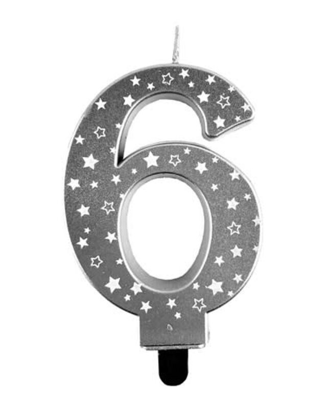 Haza Kaars cijfer 6 zilver sterren 8,5cm