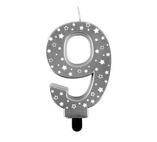 Haza Kaars cijfer 9 zilver sterren 8,5cm