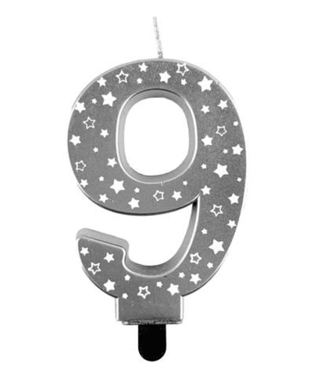 Haza Kaars cijfer 9 zilver sterren 8,5cm