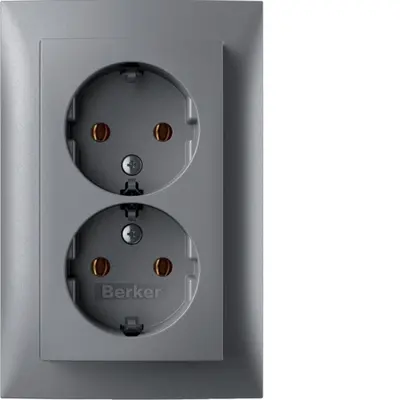 Berker wandcontactdoos 2-voudig randaarde voor enkele inbouwdoos S1 aluminium mat (47741404)