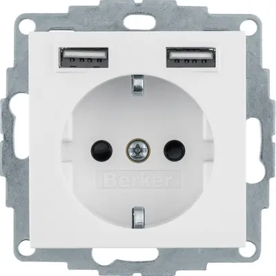 Berker wandcontactdoos randaarde 2x USB Q1/Q3/Q7 wit (48036089)