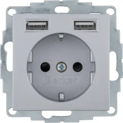 Berker wandcontactdoos randaarde 2 x USB type A S1/B3/B7 aluminium mat (48031404)