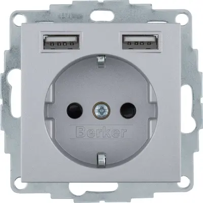 Berker wandcontactdoos randaarde 2x USB S1/B3/B7 aluminium (48031404)