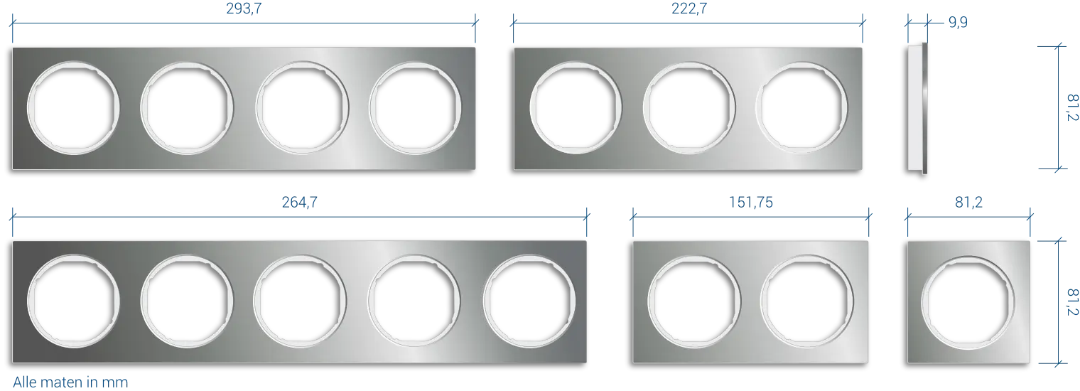 De afmetingen van Berker R.3-afdekramen die zijn uitgevoerd in metaal of glas