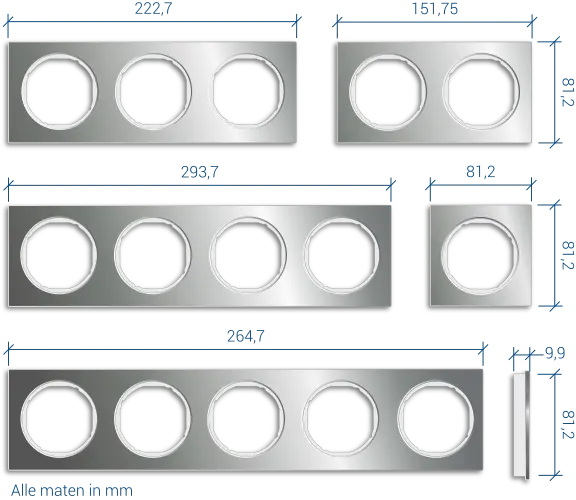 De afmetingen van Berker R.3-afdekramen die zijn uitgevoerd in metaal of glas
