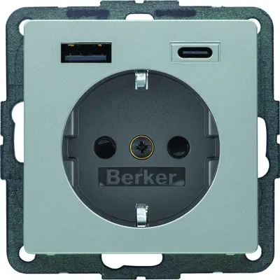 Berker wandcontactdoos randaarde kindveilig USB-A en USB-C Q1/Q3/Q7 aluminium (48146084)