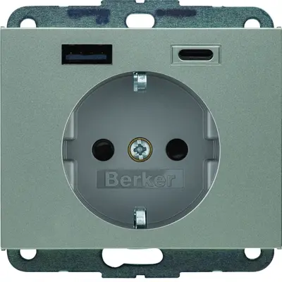 Berker wandcontactdoos randaarde kindveilig USB-A en USB-C K5 edelstaal (48147004)