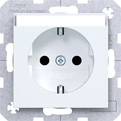 Hager Berker wandcontactdoos randaarde Safety Plus met tekstveld A1/A8/C1/C8 lichtwit mat (WAS1201WM)