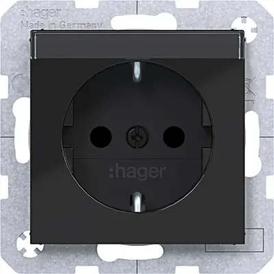 Hager Berker wandcontactdoos randaarde Safety Plus met tekstveld A1/A8/C1/C8 nachtzwart glans (WAS1201BG)