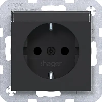 Hager Berker wandcontactdoos randaarde Safety Plus met tekstveld A1/A8/C1/C8 nachtzwart mat (WAS1201BM)