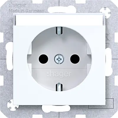 Hager Berker wandcontactdoos randaarde Safety Plus met tekstveld A1/A8/C1/C8 lichtwit glans (WAS1201WG)