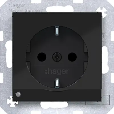 Hager Berker wandcontactdoos randaarde Safety Plus met LED-orientatielicht A1/A8/C1/C8 nachtzwart glans (WAS1462BG)