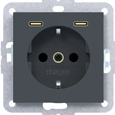 Hager Berker wandcontactdoos randaarde met 2x USB-C A1/A8/C1/C8 antraciet mat (WAS4055AT)