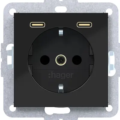 Hager Berker wandcontactdoos randaarde met 2x USB-C A1/A8/C1/C8 nachtzwart glans (WAS4055BG)