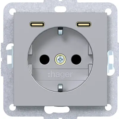 Hager Berker wandcontactdoos randaarde met 2x USB-C A1/A8/C1/C8 titaan (WAS4055TA)