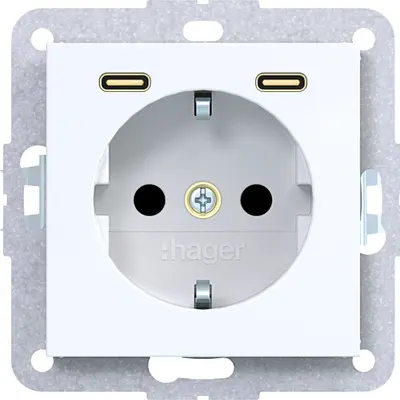 Hager Berker wandcontactdoos randaarde met 2x USB-C A1/A8/C1/C8 lichtwit glans (WAS4055WG)
