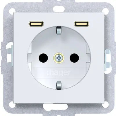 Hager Berker wandcontactdoos randaarde met 2x USB-C A1/A8/C1/C8 lichtwit mat (WAS4055WM)