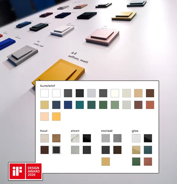 Beurspresentatie van het uitgebreide kleur- en matereriaalkeuze bij Hager Berker A.8