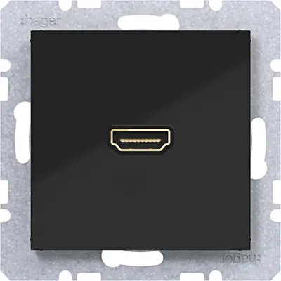 Hager Berker HDMI-contactdoos met 90gr. stekkeraansluiting A1/A8/C1/C8 nachtzwart glans (WAF4380BG)