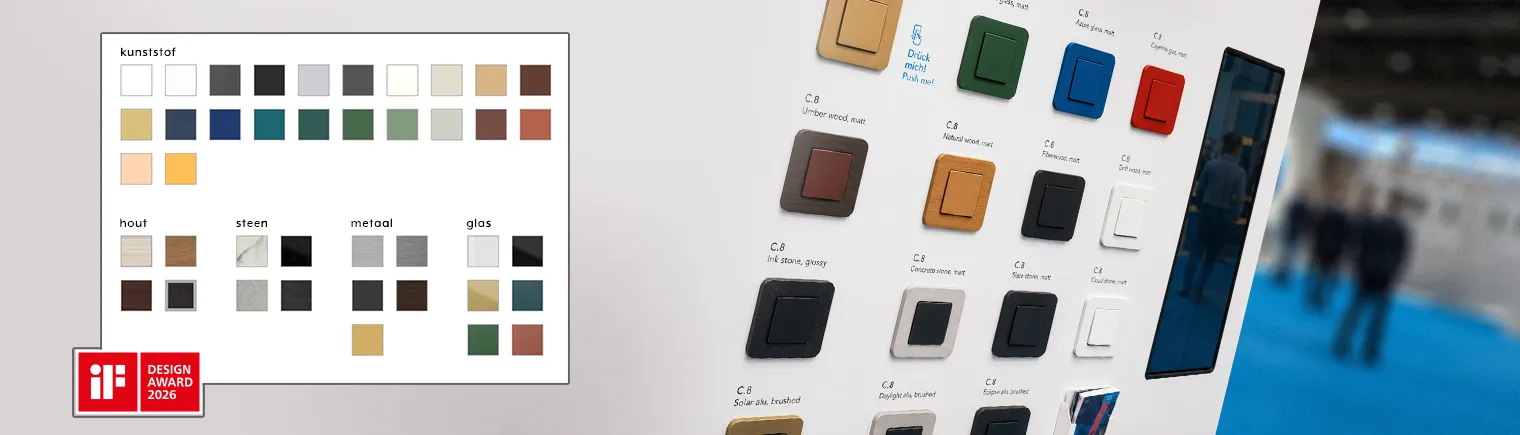 Sfeerfoto van de beurs met een inzet waarop alle kleuren en materialen te zien zijn