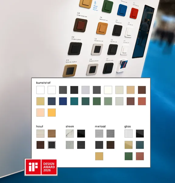 Sfeerfoto van de beurs met een inzet waarop alle kleuren en materialen te zien zijn