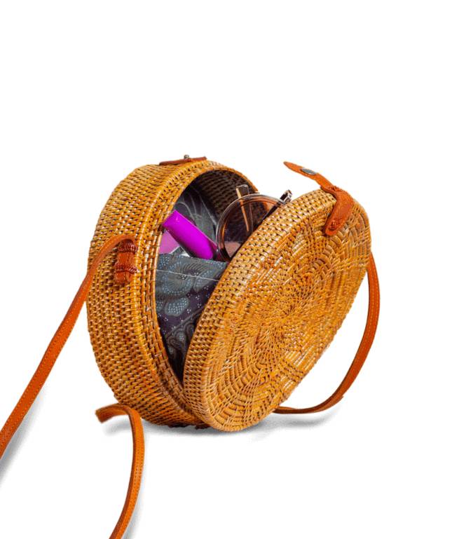 Round Ata Rattan Bag (Brown) - Bali Bag Straw Boho Beach Bag